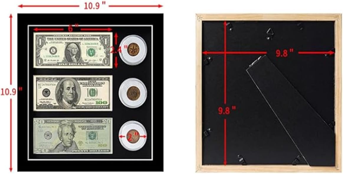 Dollar Bill Frame,10.9"x 10.9"Dollar Bill Frame Display,Solid Wood HD Glass Money Display Case,for Collection Dollar,Bitcoin Coin,Challenge Coin,Coin Under 40mm(Black)