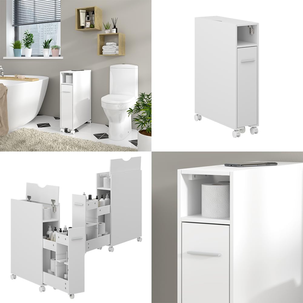 Vicco Armoire de Toilette Niva, Blanc, 18x71.3cm | avec compartiment extensible, pour un rangement peu encombrant au-dessus des toilettes