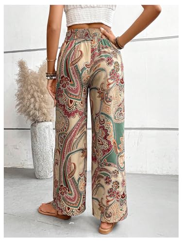 Floerns Women's Boho Allover Print Elastic Waist Belted Wide Leg Pants2