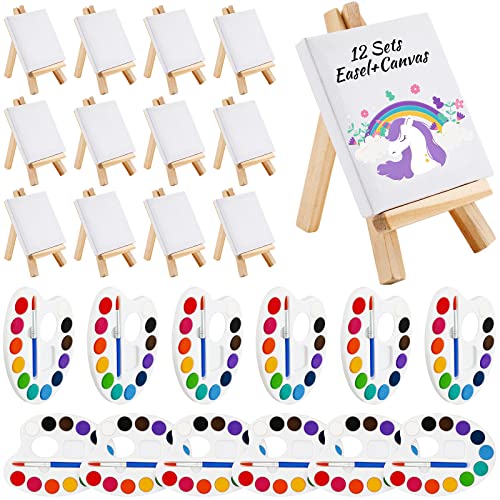 Conjunto de 24 tintas aquarela, 12 cores, aquarela com painel de tela de pintura de 7,6 x 7,6 cm com mini cavalete de madeira, kit de pincéis de pintura para crianças, prêmios escolares, lembrancinhas de festa