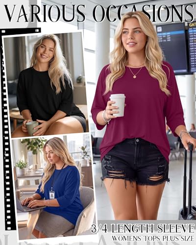 Image of Locoowai 3 Pack Women Plus Size Tops 3 /4 Sleeve Cotton Crew Neck Oversized T Shirts Loose Fit Tee Tunic Casual Blouse