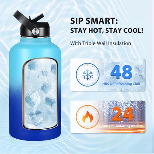 Image of Insulated Water Bottle 64 oz, Triple Wall Vacuum Stainless Steel Water Bottles (Cold for 48 Hrs), Leak Proof & Non-BPA, Half Gallon Water Flask Jug Wide Mouth Straw Lid & Spout Lid