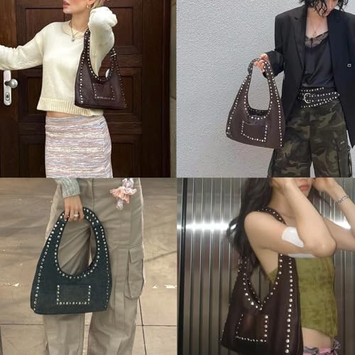 Image of Studded Purses for Women Vintage Hobo Bag Vegan Leather Punk Y2K Purse for Women Crescent Shoulder Bag