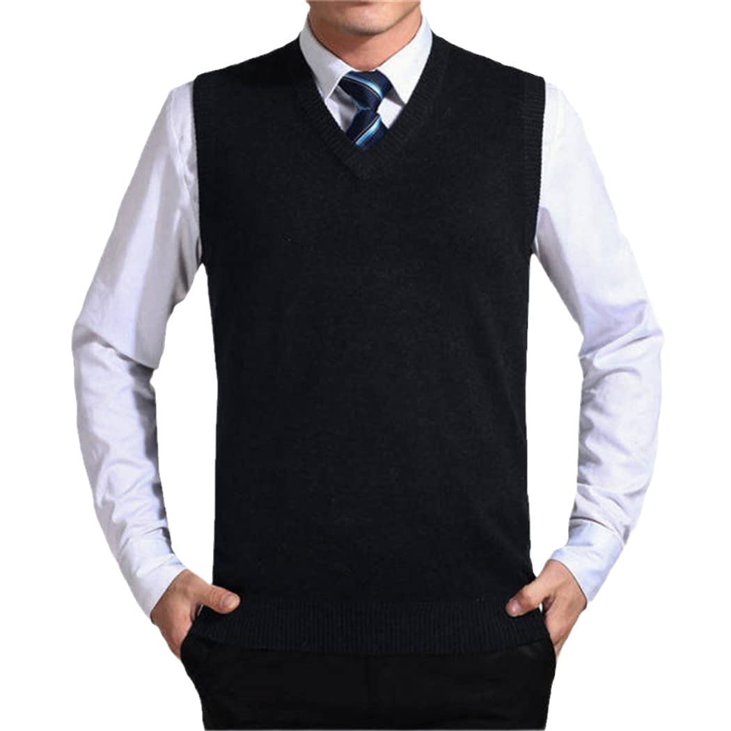 Pull de couleur unie pour homme en cachemire noir sans manches col en V taille S - 5