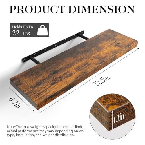 Image of BAYKA Floating Shelves for Wall, 22.5 Inch Rustic Wood Wall Mounted Shelving for Bathroom, Bedroom, Living Room, Kitchen & Book, Hanging Display Decor Shelf with 22 lbs (Rustic Brown,Set of 3)