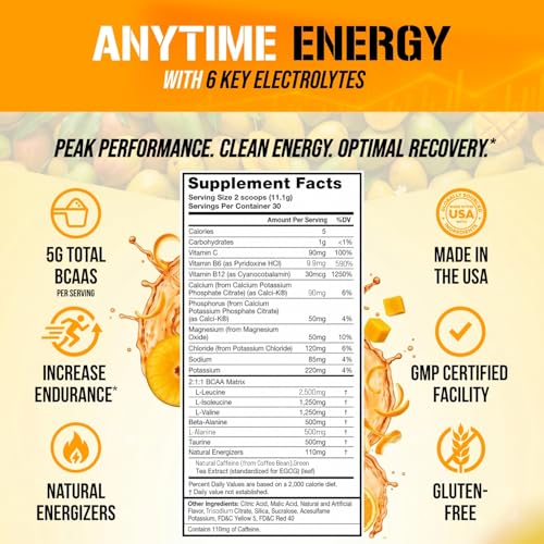 Image of EVL BCAAs Amino Acids Powder - BCAA Energy Pre Workout Powder for Muscle Recovery Lean Growth and Endurance - Rehydrating Post Workout Recovery Drink with 6 Key Electrolytes - Orange Mango