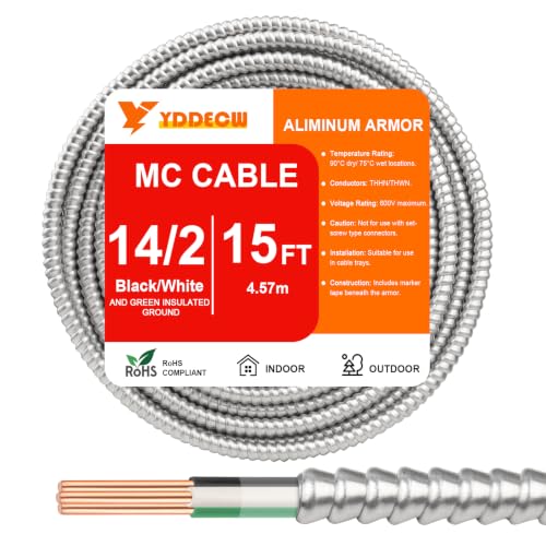 Image of 15FT 14 /2 Metal Clad (MC) Cable with Ground, 14 Gauge Electric Wire with Aluminum Armor, Solid Bare Copper Conductors for Indoor Outdoor Underground Embedded Installation (14 /2, 15 ft)