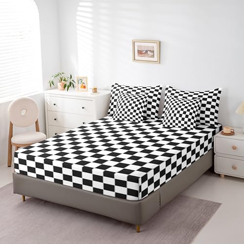 Image of Erosebridal 7 Piece Black Grid Full Comforter Set with Sheets Black and White Checkered Bedding Set Reversible Farmhouse Buffalo Plaid Bed in A Bag for Kids Boys Teen Bedroom,Gingham Bed Sets