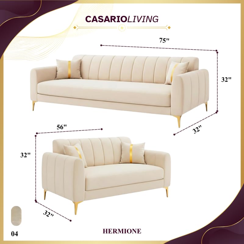 Image of Hermione Luxe Velvet-Suede Fabric 3 Seater + 2 Seater Sofa Set | Golden Legs | Comfortable & Spacious Seating | Modern Sofa Set for Living Room - Cream