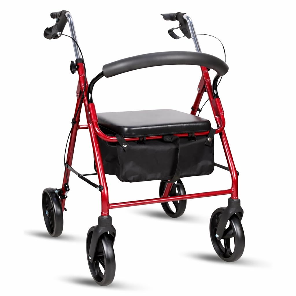 Andador para Ancianos con Asiento MA01, MARCA ESPAÑOLA - Plegable, Ligero y Regulable, Caminador para Personas Mayores con Cesta, RUEDAS DE 8 PULGADAS, ACERO, COLOR GRANATE