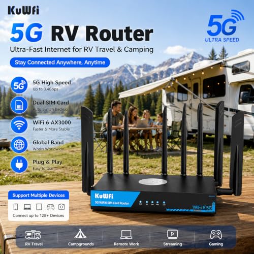 Image of KuWFi 5G Router with SIM Card Slot, AX3000 WiFi 6 Unlocked 5G Router with Cooling Fan, 2.5G WAN & Dual SIM Failover, WireGuard VPN, Global 5G Network for Home /RV /Office, T-Mobile & AT&T