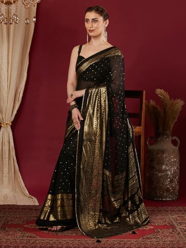 Image of SAMAH Women's Georgette Foil Printed Lace Work Saree with Unstitched Blouse Piece