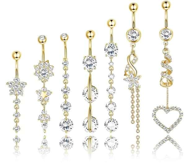 7 Pcs Gold Dangle Belly Button Rings for Women - Belly Piercing Jewelry Set Long Gold Belly Button Ring Dangle - 14G Navel Piercing Jewelry with CZ Heart Flower Curved Barbell Belly Ring Pack