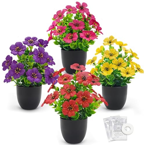 Der Rose 4 Pack Fake Plants Artificial Flowers with Fragrance Tablets for Black Bathroom Bedroom Office Desk Spring Decor