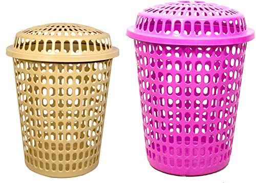 Image of 2 Laundry Basket with Lid, Cap - Durable (Unbreakable) 50L with 6 Months Warranty (Cream, Pink)
