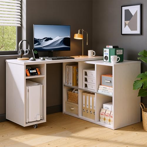 BOSHIRO White L-Shaped Computer Desk Table with Charging Station–Small Study Writing Desk with Backless Storage Shelves, 67” Bedroom Side Table & 360°Rotating Desk