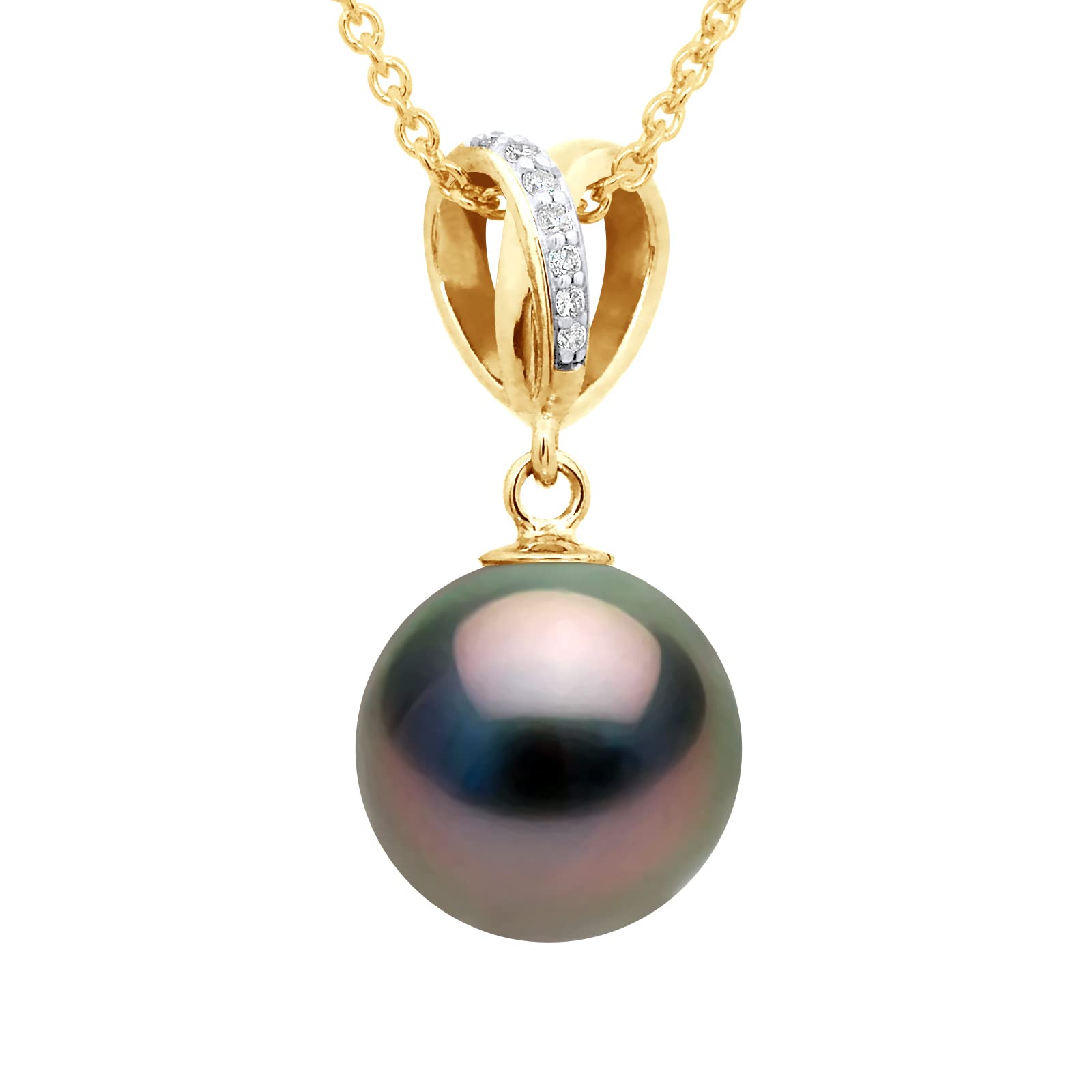 PEARLS & COLORS - Pendentif Perle de Culture de Tahiti Ronde 10-11 mm - Qualité A+ - Diamant 0,030 Cts Qualité HSI - Véritable - Disponible en Or Jaune & Or Blanc - Bijou Femme