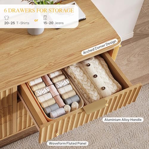 DWVO 6 Drawer Dresser with Fluted Panel, 47.2" Wide Modern Closet Dressers Chest of Drawers, Wood Storage Dresser Organizer for Bedroom, Dorms, Flats, Living Rooms, Hallways, Natural Oka