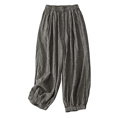 GGUHHU Womens Lightweight Cotton and Linen Plaid Pants Elastic Waist Checkered Thin Lantern Capris