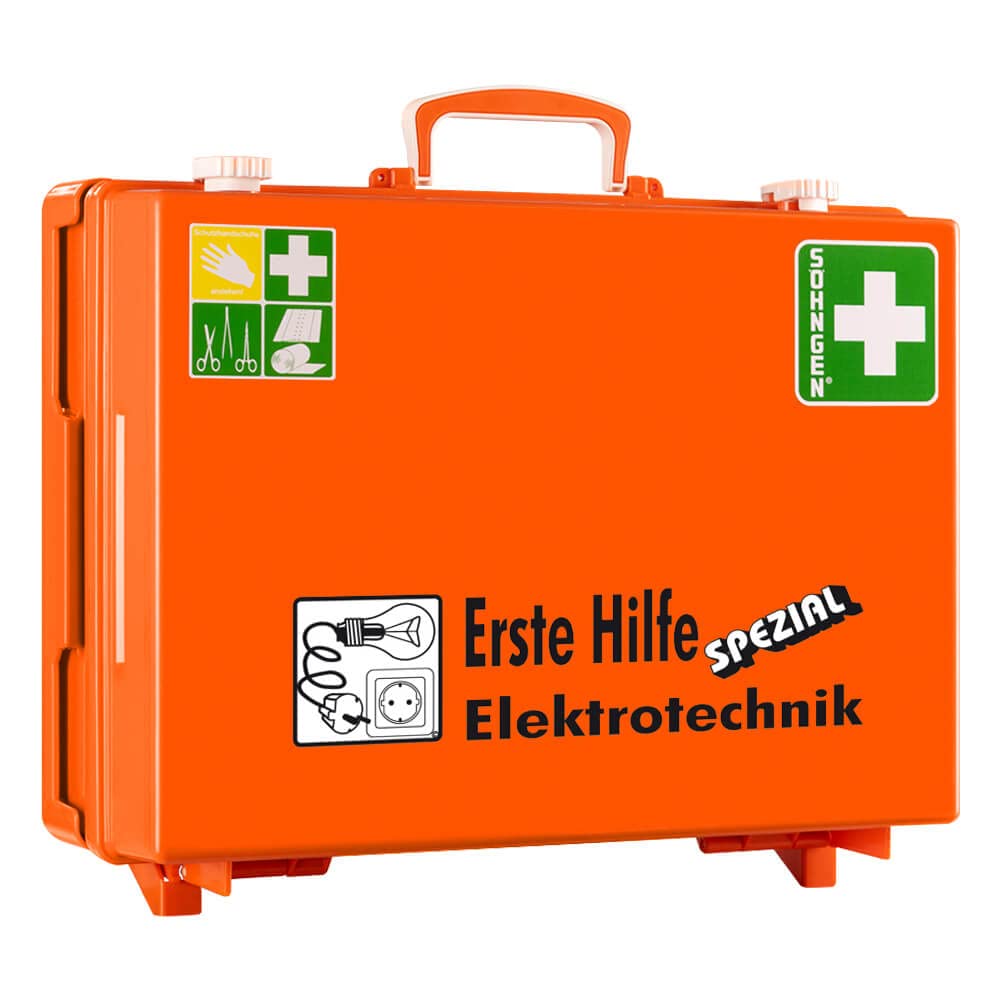 Erste-Hilfe-Koffer Elektrotechnik Söhngen, mit Wandhalterung, orange, DIN 13157, Art.-Nr. 61999 | Verbandskasten | Notfallkoffer | Erste Hilfe Kasten