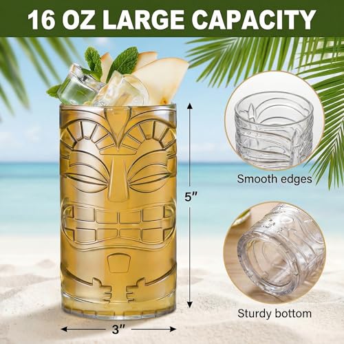 Image of Goaste 8 Pack 16oz Plastic Tiki Cups, Clear Tiki Plastic Mug Cups, Tiki Hawaiian Party Drinking Tumblers, Exotic Zombie Cocktails Mugs, Reusable Mai Tai Glasses for Cocktails, Lemonade, Halloween