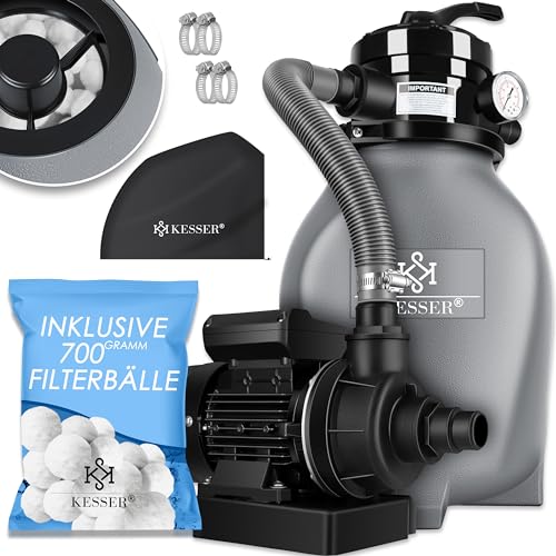 KESSER® Filtro de Arena, Sistema de filtrado de Arena + Bolas de filtrado de 700 g Que sustituyen a Las de 25 kg de Arena de filtrado para Piscinas, Sistema de filtrado de 10 mġ/h para Piscinas,Gris