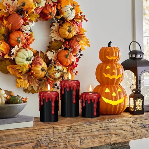 Image of Battery Operated Flameless Candles with 6H Timer, Blood Dripping Wax Effect Black LED Pillar Candles 3D Wick Flickering Spooky Halloween Indoor Decoration Light(3 Pack, 3 x 4,5,6 Inches)