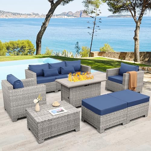 WAROOM Patio Furniture Set 6 Piece PE Rattan Outdoor Conversation Sets Grey Wicker Couch Sectional Sofa with Fire Pit Table and Navy Blue Cushion