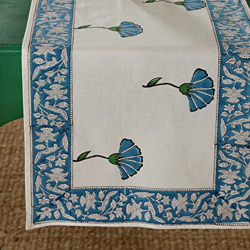 Image of Ravaiyaa - Attitude is Everything Hand Block Printed Cotton Table Runner | Floral Printed Table Runner for Home Decor, Kitchen | 60 x 16 Inch-(Turquoise Floral)