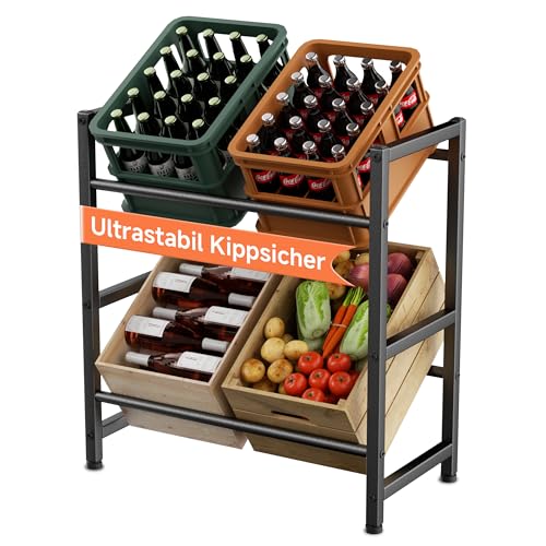 HFHOME Estantería para cajas de bebidas para 4 cajas, estantería de doble piso, para cerveza, frutas, verduras, agua, color negro, metal, estante para botellas, soporte para cocina, sótano, garaje