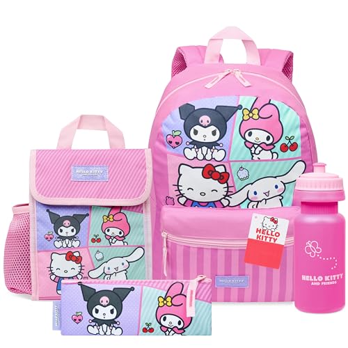 Hello Kitty Sanrio Backpack Set for Girls 4 Pcs Water Bottle Lunch Bag Pencil Case School Supplies Cinnamoroll Kuromi My Melody Gifts for Girls