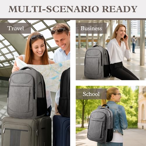 Image of 15.6 inch Travel Laptop Backpack for Men Women, Grey | Laptop Compartment, Adjustable Strap, Mesh Side & Anti-Theft Pocket, Luggage Strap, 30L Storage for Work Travel College