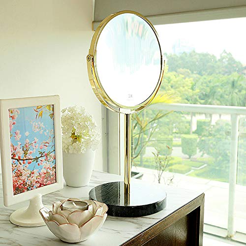 Iamagie Makeup Mirror Vanity Cosmetic 3x Magnifying Mirror Double-Sided Round Surface 360 Degree Swivel Rotation Metal Stand with Natural Marble Base for Home Bedroom Bathroom (Gold)