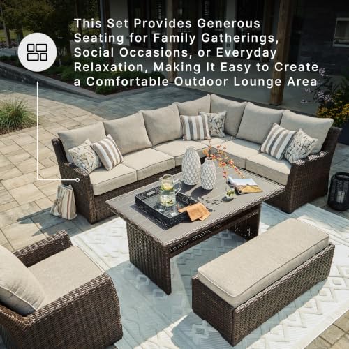 Image of Signature Design by Ashley Brook Ranch Outdoor Sectional, 3-Piece Patio Furniture Set with Rust-Free Aluminum Frame, L Shaped Resin Wicker Couch and Bench for Backyard Entertaining, Beige & Brown