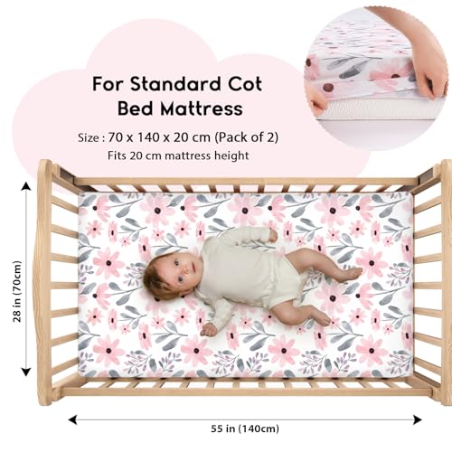 Yoofoss Cot Bed Sheets 140 x 70 cm Fitted Super Soft and Breathable Cot Bed Sheets Cozy Baby Cot Sheets 2 Pack Pink Floral - Image 2