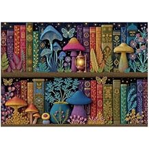 Mushroom Bookshelf Puzzles for Adults 1000 Pieces, Challenging Fantasy Mushroom Library Jigsaw Puzzle with Vintage Books, Glowing Butterflies, Colorful Botanical Aesthetic Art Puzzle