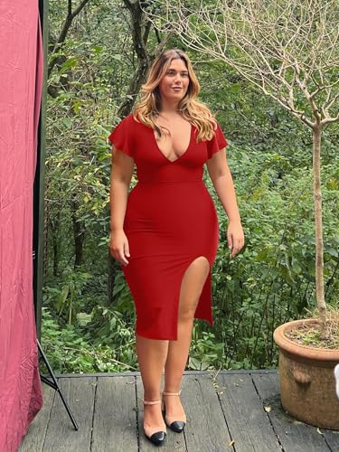 Image of LAGSHIAN Women's Plus Size Sexy Bodycon V Neck Ruffle Short Sleeve Split Hem Midi Pencil Dress Red
