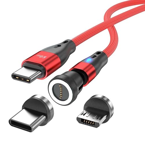 Cabo de carregamento magnético USB C para USB tipo C/Micro USB, cabo magnético PD 60 W, carregamento rápido 1 M/2 m, rotação de 540°, cabo magnético USB 2 em 1 para Android, micro USB, tipo C,