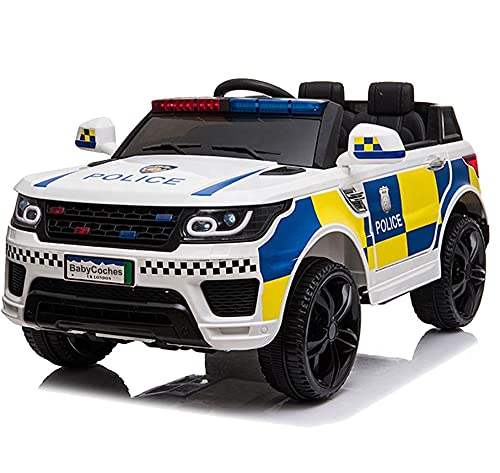 Coches eléctricos para niños de Policia de 12v. Coche de batería para niños con mando Control Remoto. Vehículo con iluminación y Sirena de policia. (Blanco)