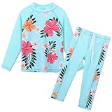 Girls Two Piece Swimsuit Floral UPF 50+ Rash Guard Set Kids Swimwear S247_CyanFlower_14A