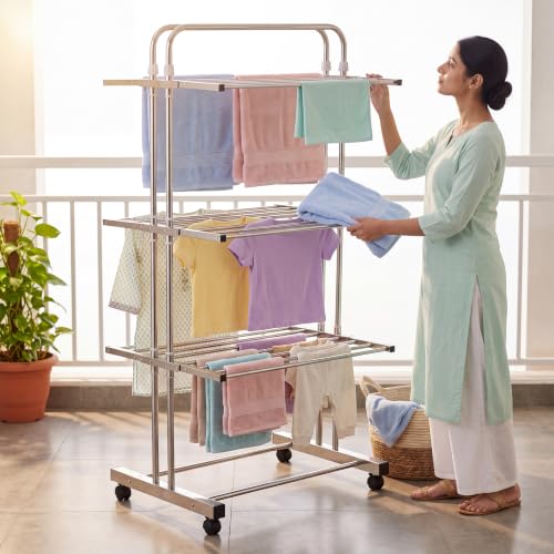 Image of TEX-RO 3 Layer Stainless Steel Clothes Drying Stand with Wheels - Heavy Duty Rust-Proof Foldable Cloth Dryer Stand for Balcony & Bedroom, Cloth Stand for Drying Clothes, Clothes Drying Rack