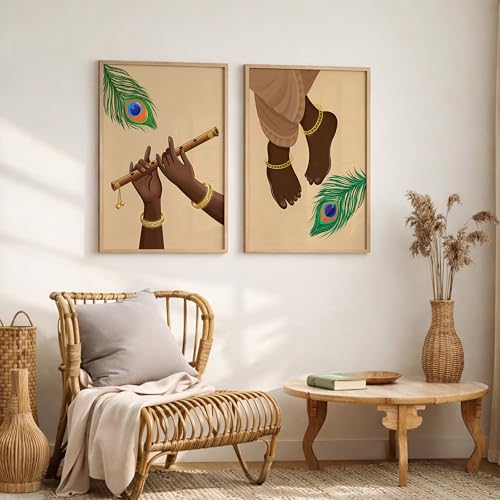 Image of Suneree Krishna Flute Hands Charan Feet Wall Art Painting | Set of 2 Framed Paintings | Spiritual Decor for Living Room Mandir Pooja Room Bedroom | (ART 6, 13x19 INCHES)