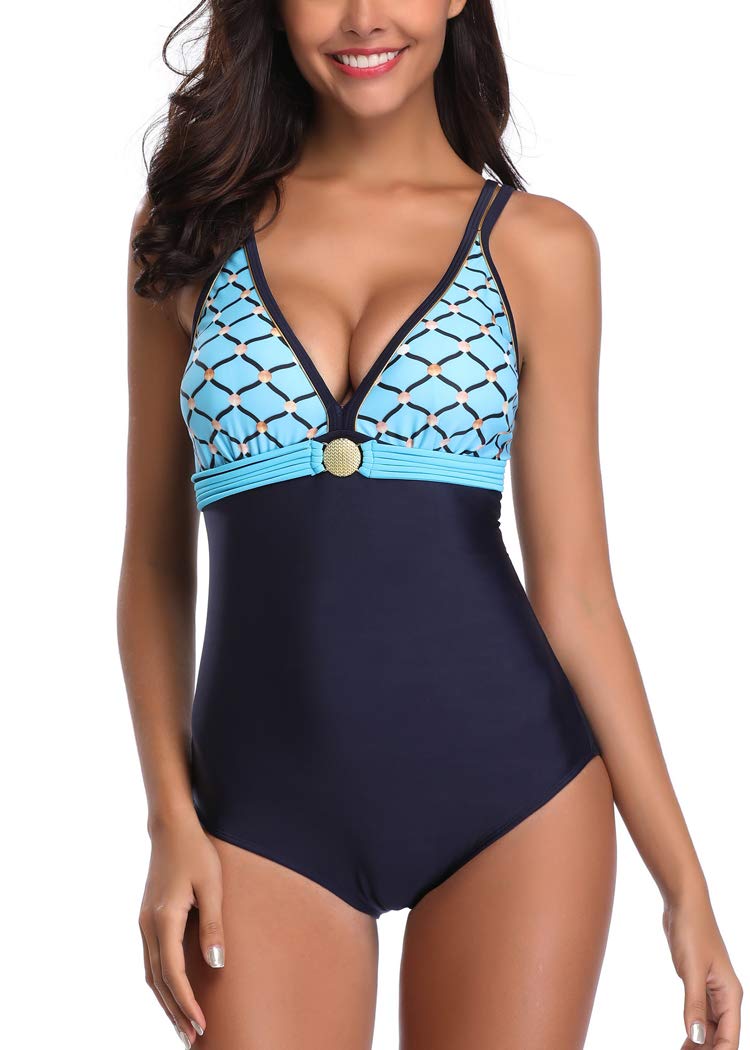 AOQUSSQOA Ladies Swimming Costume Sexy Leopard V Neck One-Piece Monokini Tummy Control Swimwears Plus Size Bathing Suits Mesh Backless Swimsuit for Women (ABlue, L)
