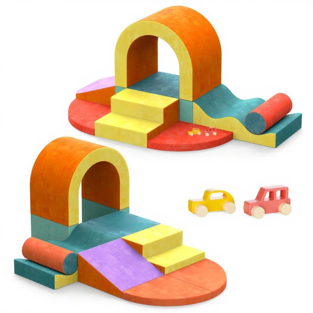 Yaofala 10 PCS Color Foam Climbing Blocks for Toddlers, Soft Play Set with Toy Car, Climbing Blocks for Toddlers 1-3, Indoor Climb and Crawl Soft Play