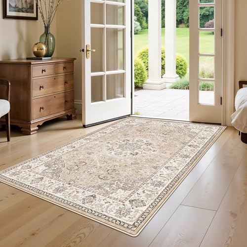 3x5 Living Room Area Rugs: Vintage Washable Non-Slip Rug for Bedroom Dining Room Soft Carpet for Nursery Kitchen Home Office Durable & Easy-Clean Design Perfect for Homes with Cats & Dogs(3x5 Beige)