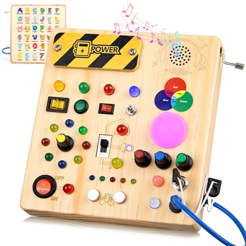 Konijiwa Montessori Spielzeug ab 1 Jahr Busy Board Activity Board Spielzeug ab 2 Jahre Holzspielzeug mit 13 Schalter 24 LED-Leuchten Spielzeug Sensory Learning Toys