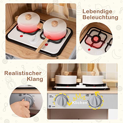 GOPLUS Kinderküche aus Holz, Küche für Kinder, Spielküche mit Holz Zubehör&Spüle&Backofen&Kochfeld&Kühlschrank… – Bild 4