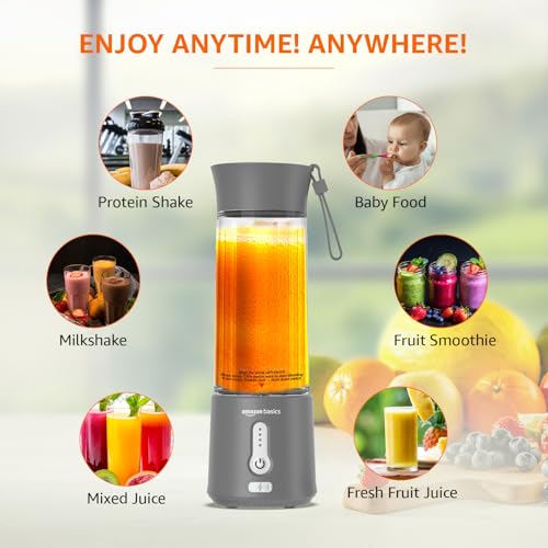 Image of Amazon Basics Portable Hand Blender for Smoothies and Juices | Pulse Mode | USB Rechargeable | 6 Stainless Steel Blades | 500 ml Jar | 1 year Warranty | 2x2000 mAh Batteries (Grey)