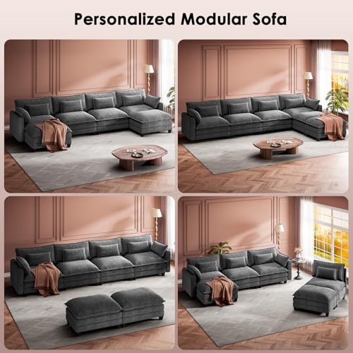 Image of Marsail Modular Sectional Sofa 145.6 inch U-Shaped Modern Comfy Cloud Couch, 6-Seat Chenille Deep Seat Sofa with Throw Pillow & Movable Ottoman for Living Room, Bedroom and Apartment, Grey