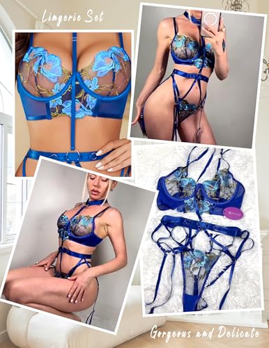 Image of Avidlove Garter Lingerie Sets for Women Sexy with Removable Choker Floral Embroidered Underwire Lingerie (No Stockings)